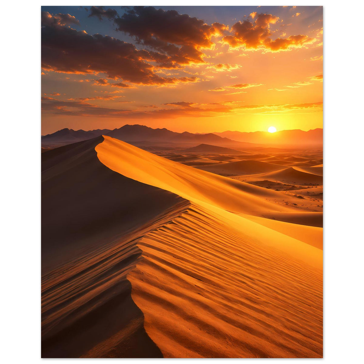 Poster mit Wüstenlandschaft: orange Dünen, Sonne am Horizont und leuchtende Wolken