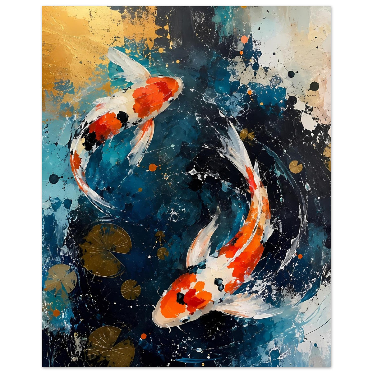 Nahansicht: Wandposter mit zwei Koi, Wasserwirbel und Farbkleckse in Blau sowie Orange