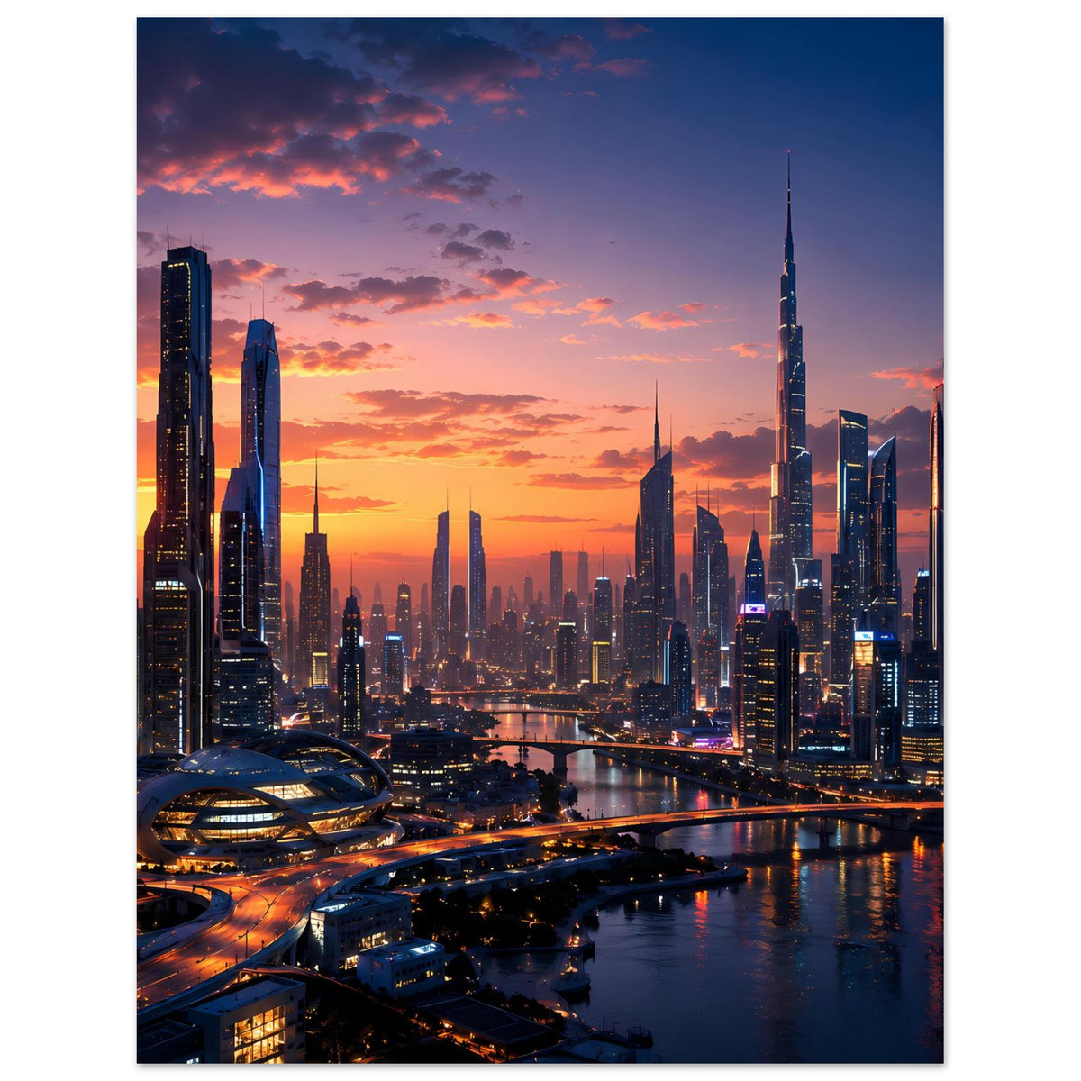 Hochformat-Poster mit Skyline bei Sonnenuntergang und Wasser
