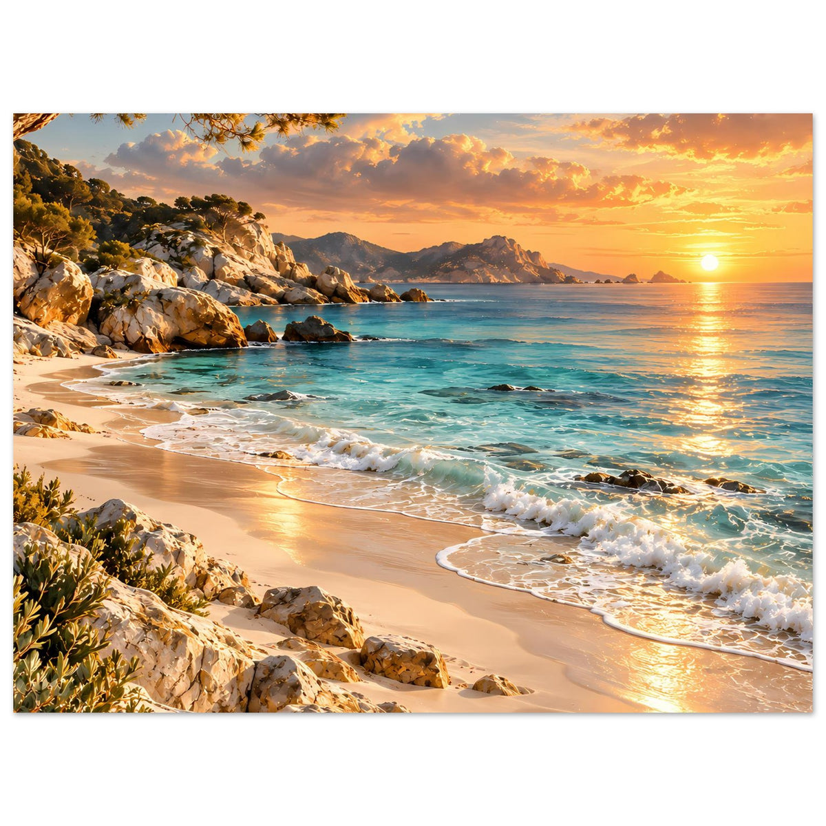 Strandlandschafts-Poster mit Sonnenuntergang über dem Meer, Wellenlinie, Sandstrand und Felsen