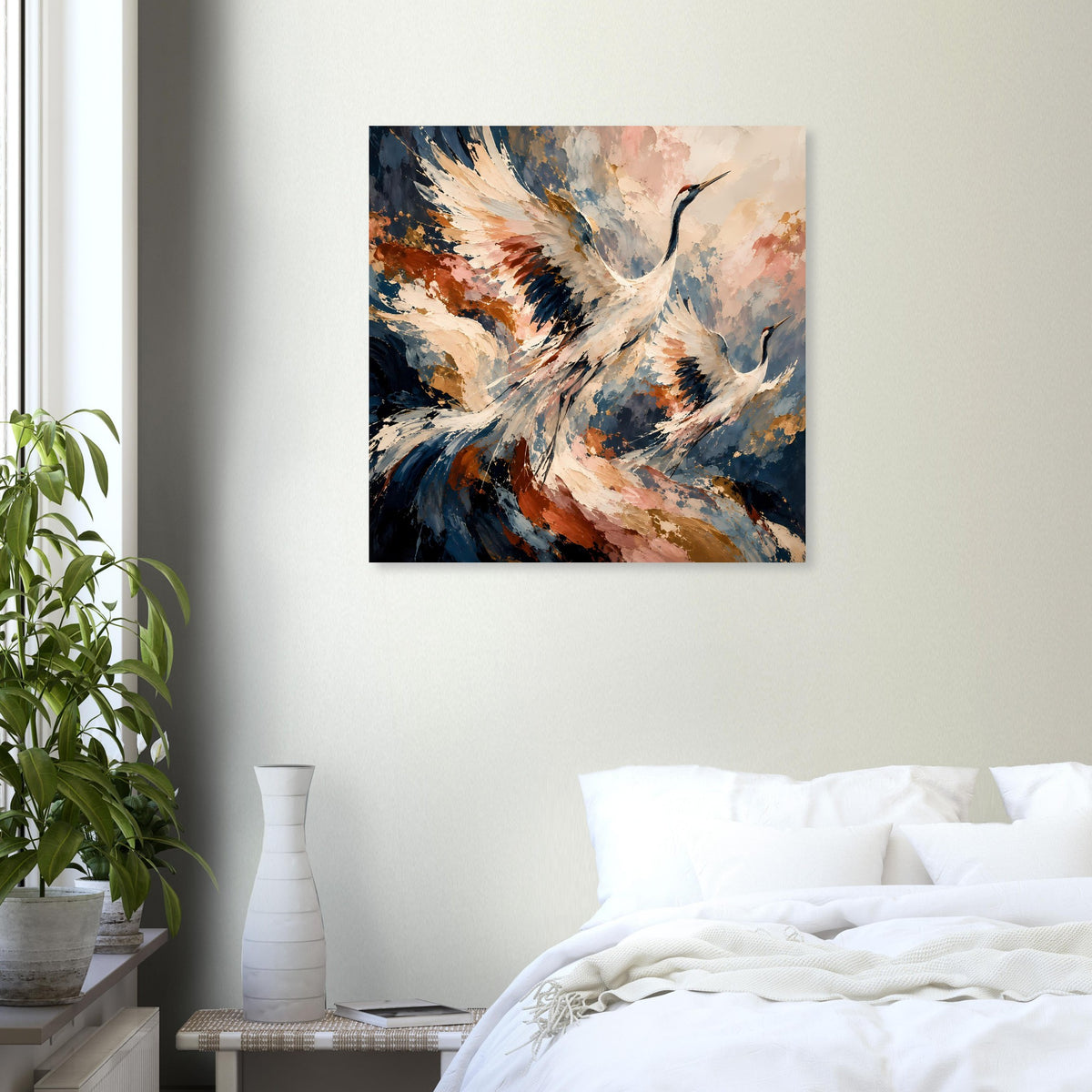 Wandposter mit Kranichen im Flug in Aquarelloptik, sanfte Erdtöne, quadratisch