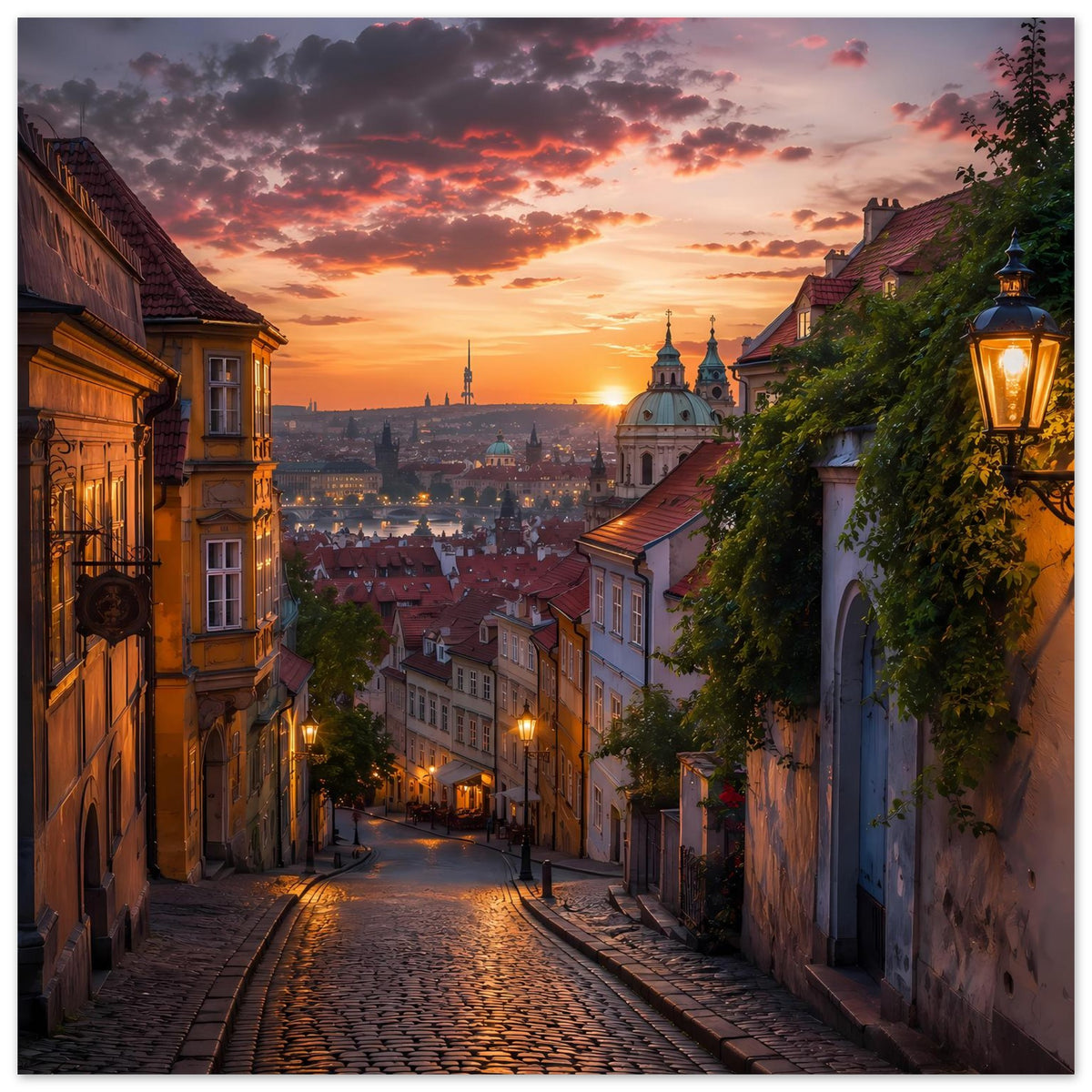 Stadtlandschafts-Poster mit Kopfsteinpflastergasse, Laternen und Kirchtürmen im Sonnenuntergang