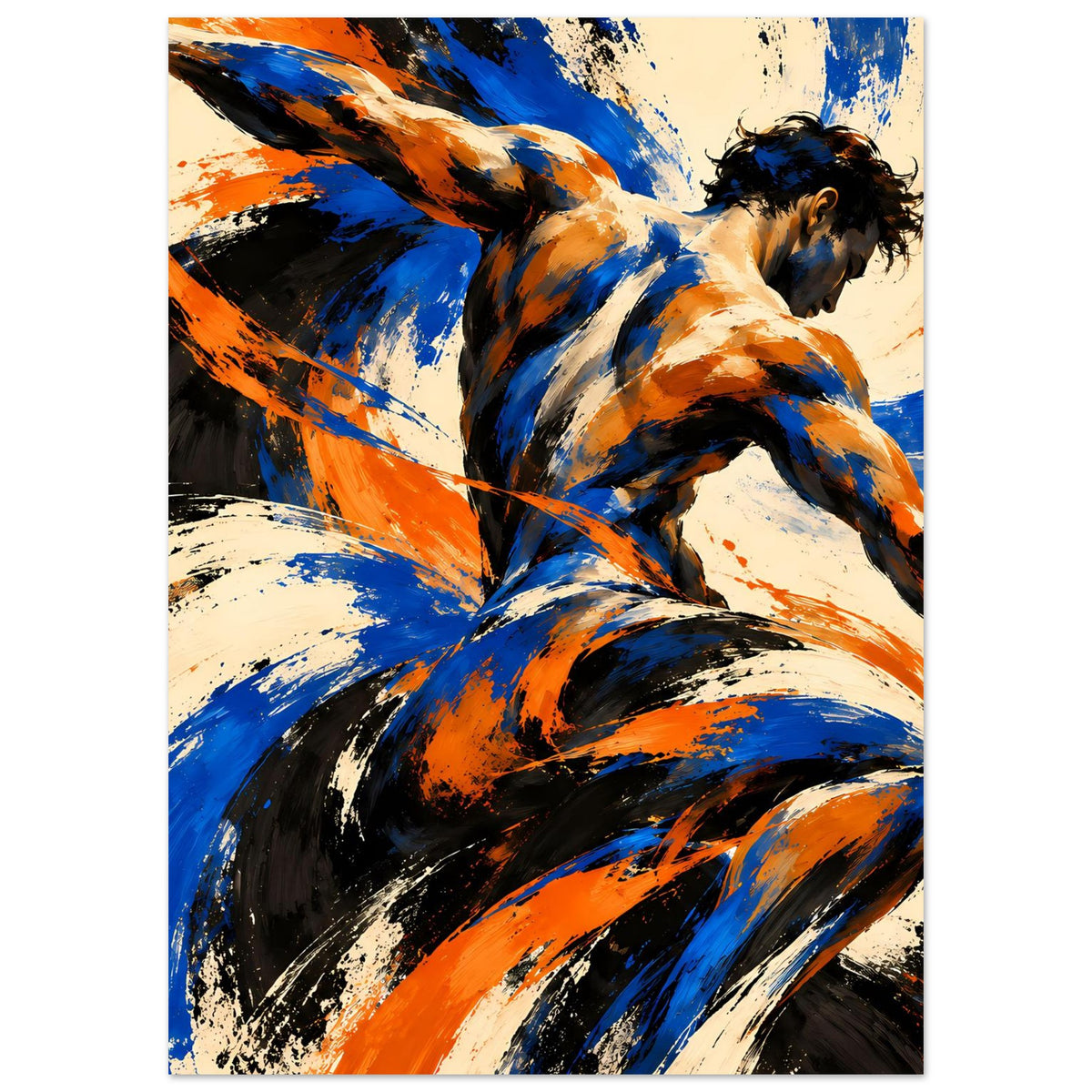 Kunstposter mit dynamischer Figur und kräftigen Pinselbahnen in Blau und Orange