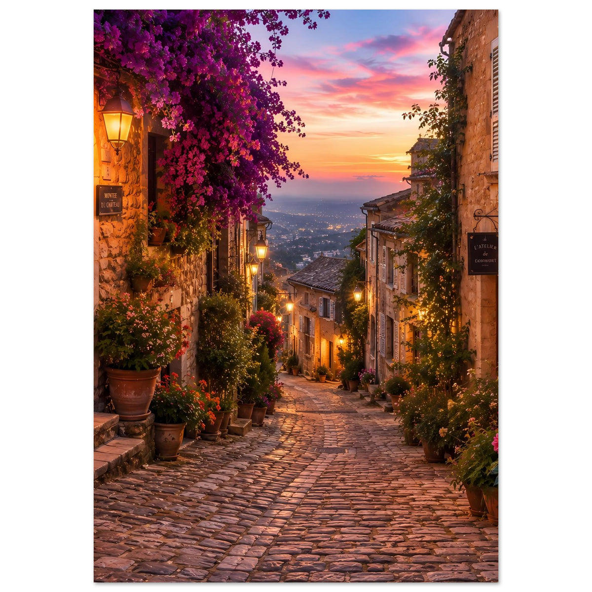 Poster romantische Altstadtgasse mit Sonnenuntergang, lila Blumenkranz, Laternen und gepflastertem Weg