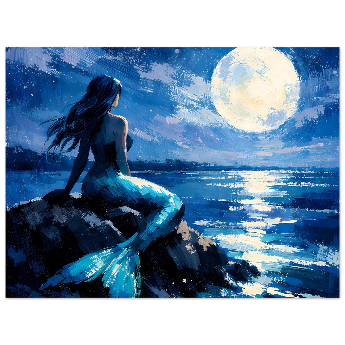 Premium-Mattposter: Meerjungfrau in Blau, Schuppenschwanz, Mond über Wasser (Querformat)