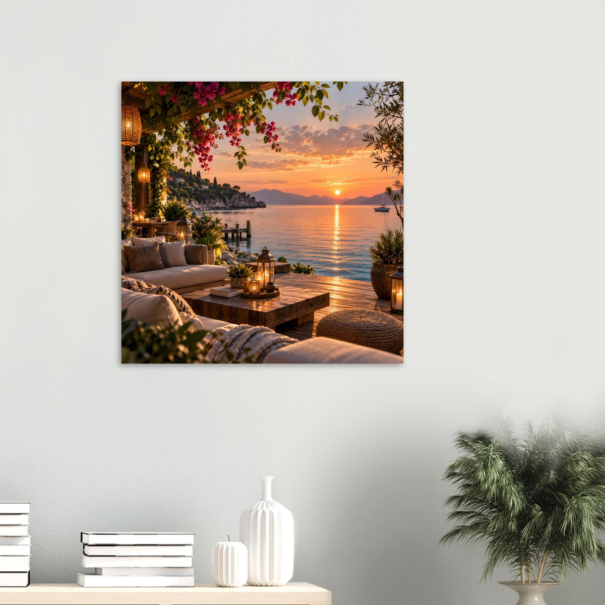 Gerahmtes Poster mit mediterraner Küstenterrasse und Bougainvillea bei Sonnenuntergang am Meer