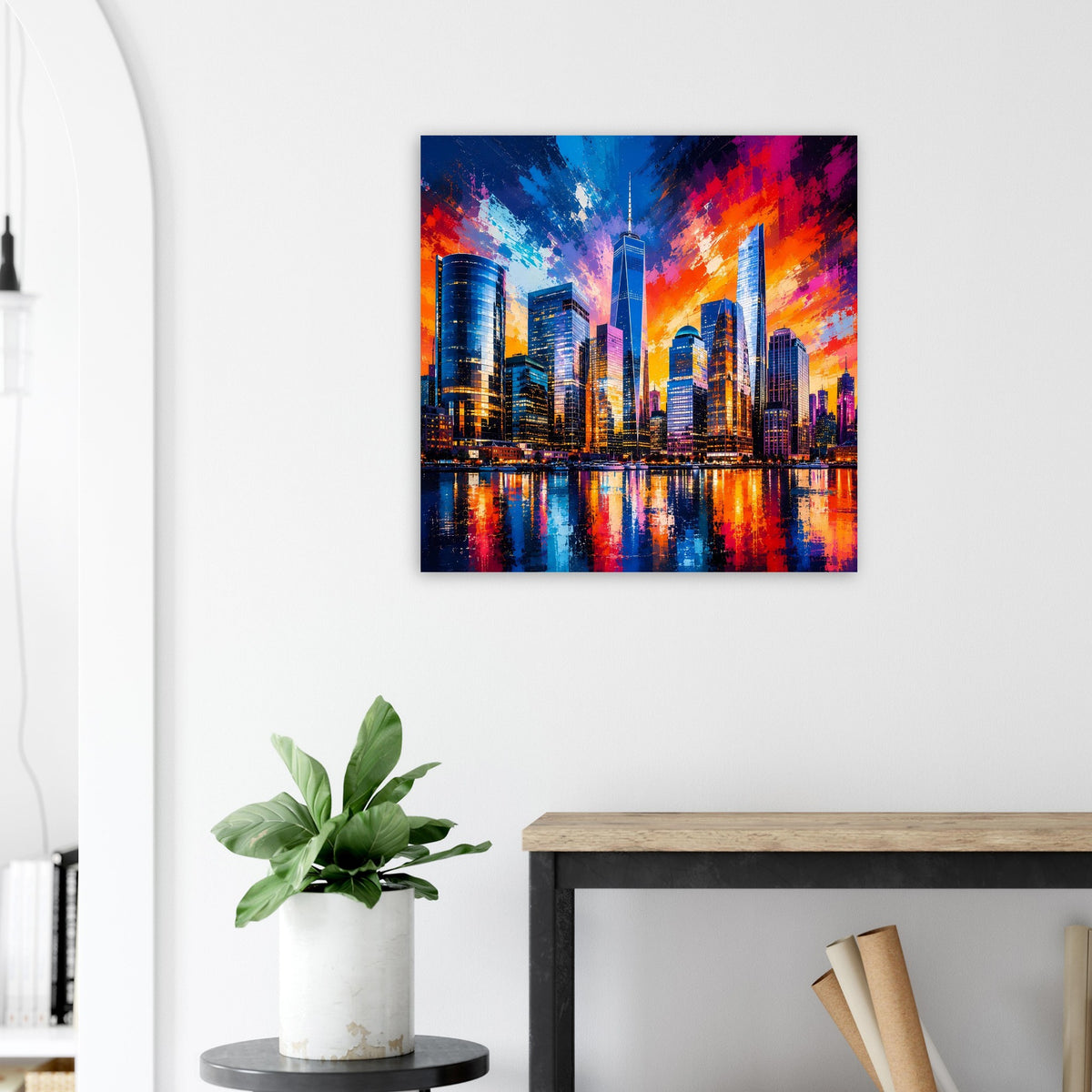 Poster mit futuristischer Skyline in Blau- und Orangetönen, reflektiert im nächtlichen Wasser.