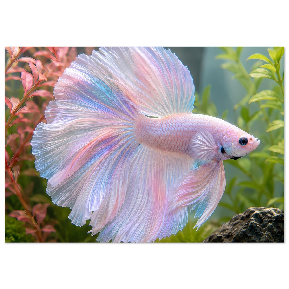 Betta-Fischposter mit pastellfarbenen Flossen und langem Schwanz, mattes Premiumpapier.