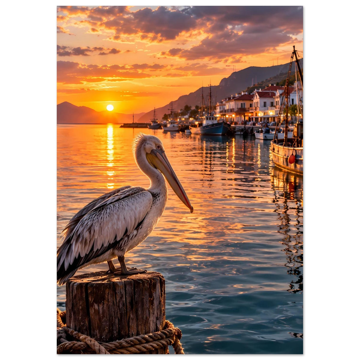 Kunstposter mit Pelikan auf Holzpfahl, Sonnenuntergang über dem Hafen und reflektierender Bucht