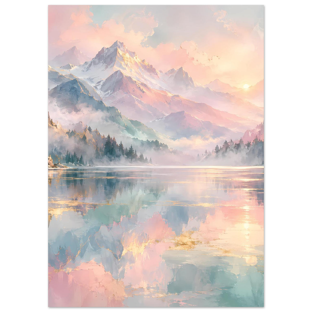 Poster im Hochformat mit Bergpanorama, Pastellhimmel und reflektierendem See.