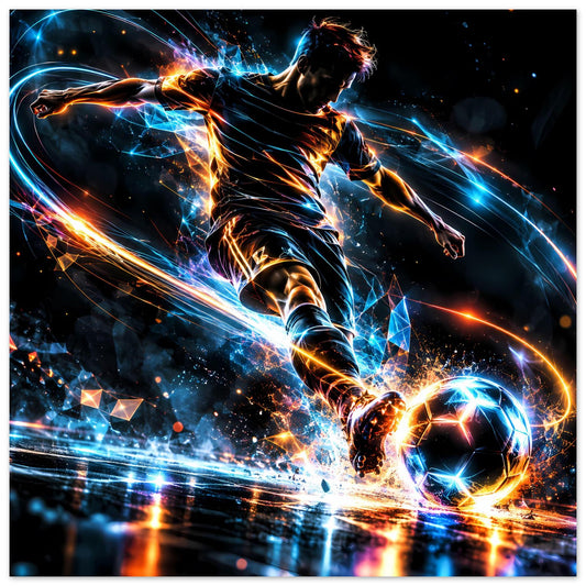 Neon-Fußballposter mit spielendem Stürmer in Bewegung und leuchtendem Ball