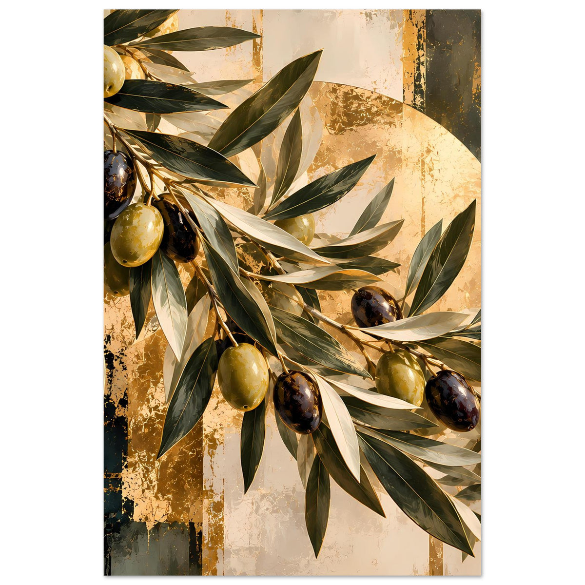 Vertikales botanisches Kunstposter mit Olivenzweigen, grüne Blätter und goldene sowie dunkle Oliven