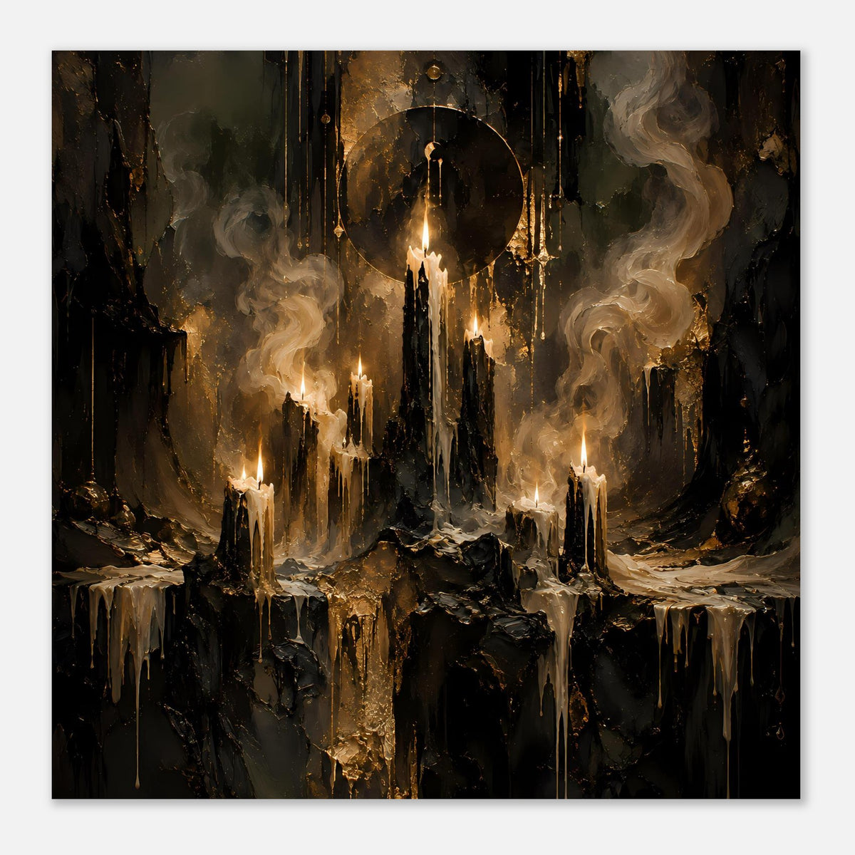Poster im Querformat mit brennenden Kerzen, Rauch und dunklem goldenen Hintergrund