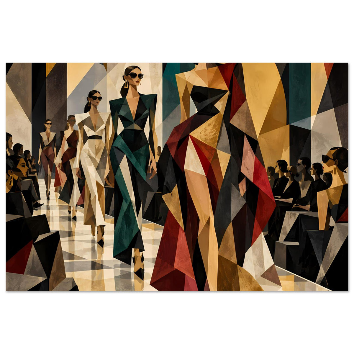 Geometrisches Fashion-Poster mit Laufsteg und dominanter Frau in Rot-Braun, Schwarz und Gold.
