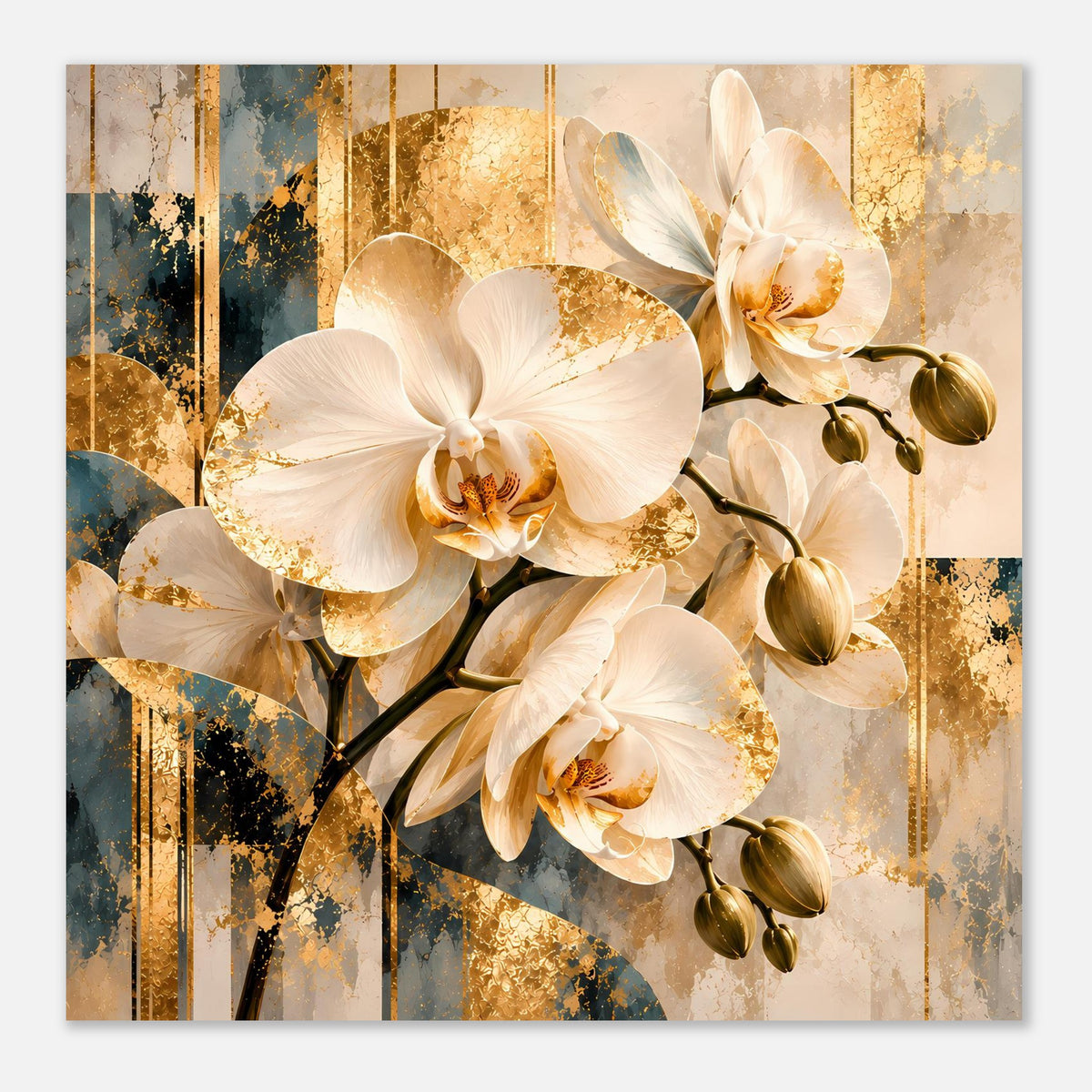 Wandposter mit weißen Orchideenblüten, goldfarbenen Akzenten und kurzen Zweigen