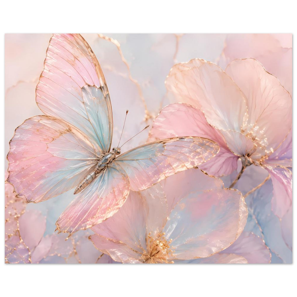 Aquarell-Poster mit Schmetterling, Rosé- und Blautönen, goldenen Akzenten