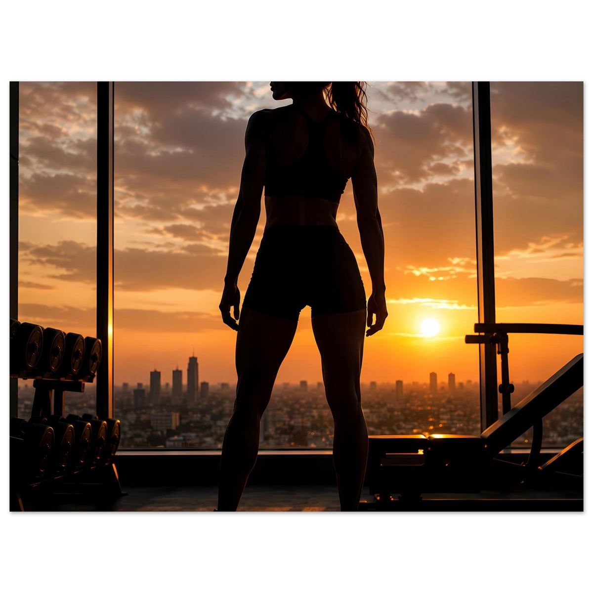 Fitness-Poster mit Silhouette einer Sportlerin, Sonnenuntergang und Stadtblick von der Terrasse