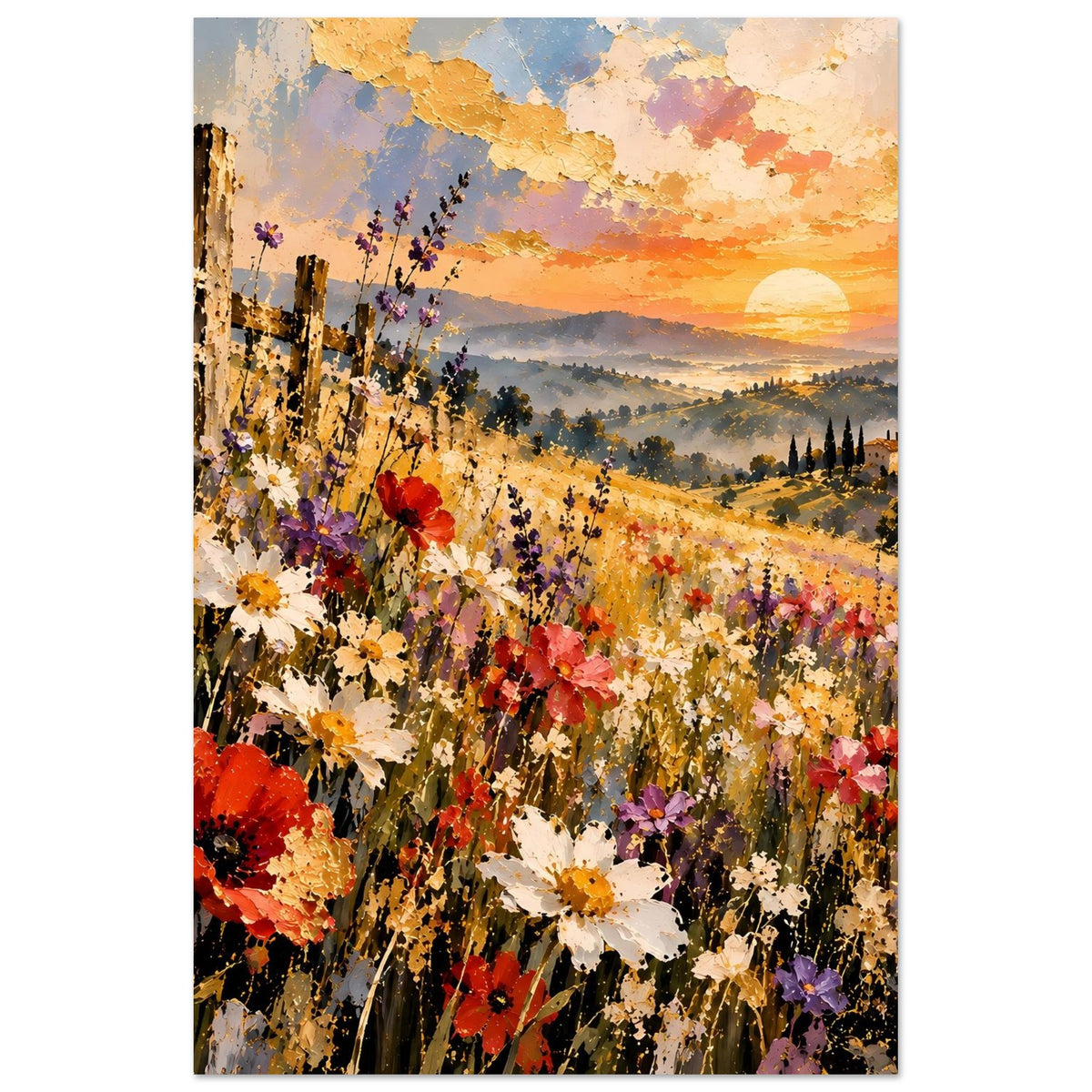 Vertikales Poster mit Blumenwiese im Abendrot, Mohnblüten vorn und Sonnenkreis am Horizont