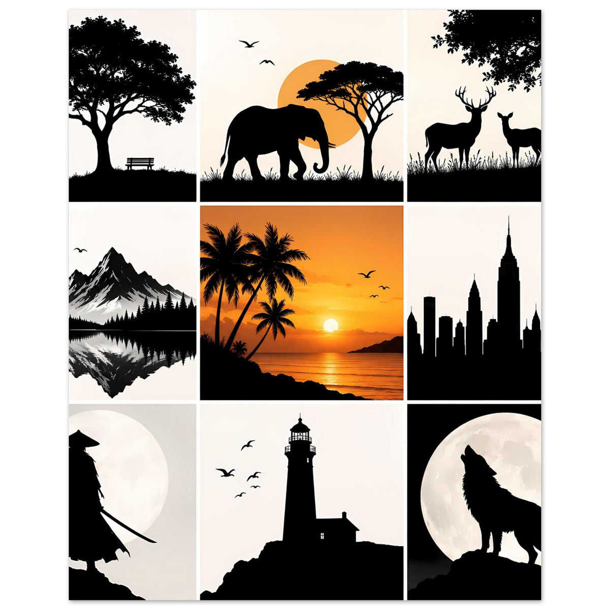 Kunstdruck-Collage mit Elefant, Hirschen, Mondkreisen, Leuchtturm und Stadt-Skyline