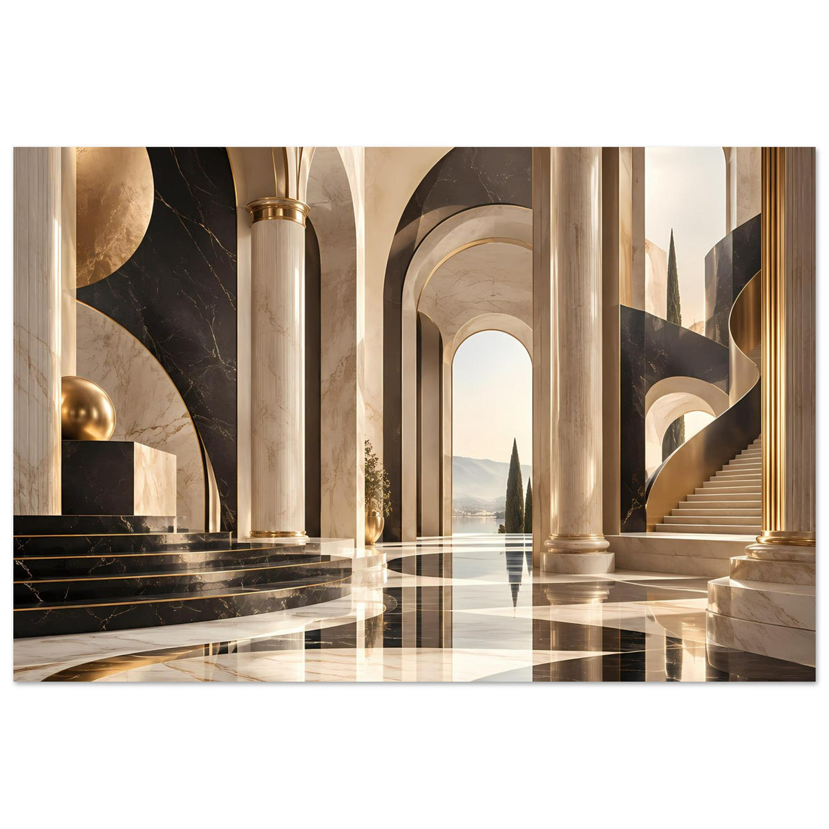 Architekturposter mit Marmorstil-Galerie: goldene Säulen, dunkler Boden, bogenförmige Nischen