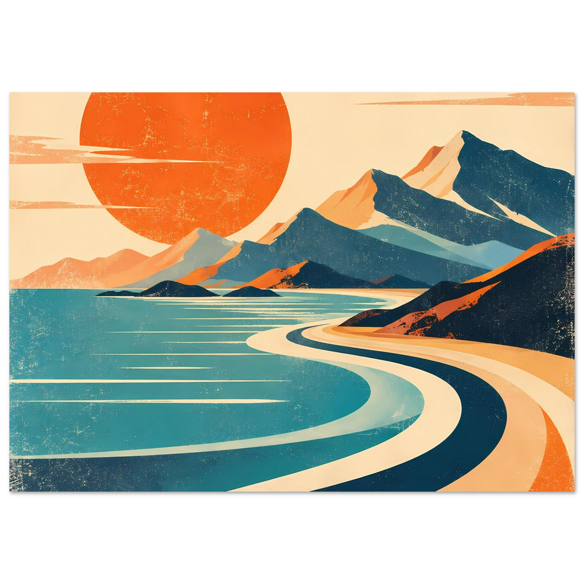 Vintage-Poster mit orangefarber Sonne, blauen Bergen und geschwungenem Weg am Wasser
