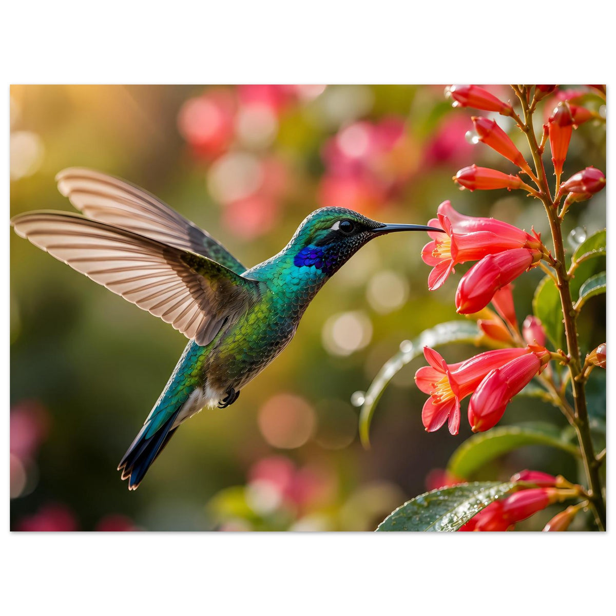 Poster mit Kolibri im Flug und roten Blüten am Ast, scharfer Blick auf den Vogel