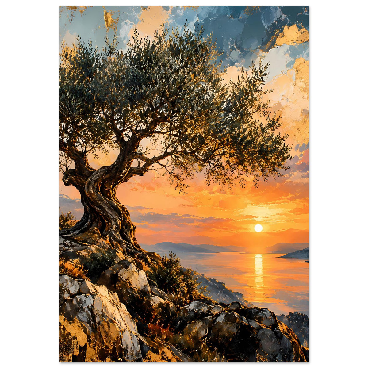 Vertikales Poster mit Olivenbaumstamm, Felsen und untergehender Sonne am Horizont