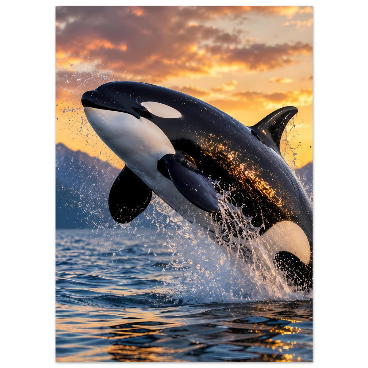 Poster mit Orca-Sprung: großer Wal mit schwarzen Flossen und weißem Bauch, Spritzwasser.