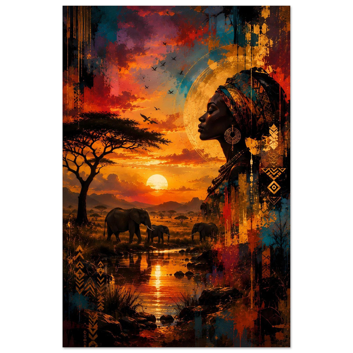 Poster mit Frau im Seitenprofil, Schmuckohrringen und Savanne mit Elefanten bei Sonnenuntergang