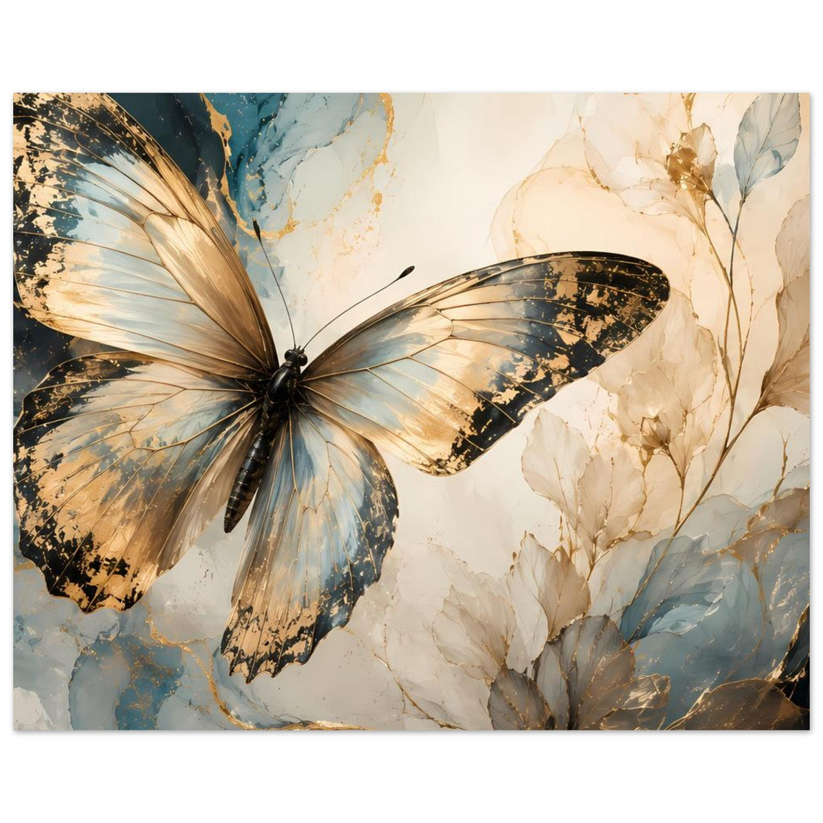 Schmetterlingskunst-Poster im Querformat mit goldblauem Schmetterling und beigen Blütenzweigen