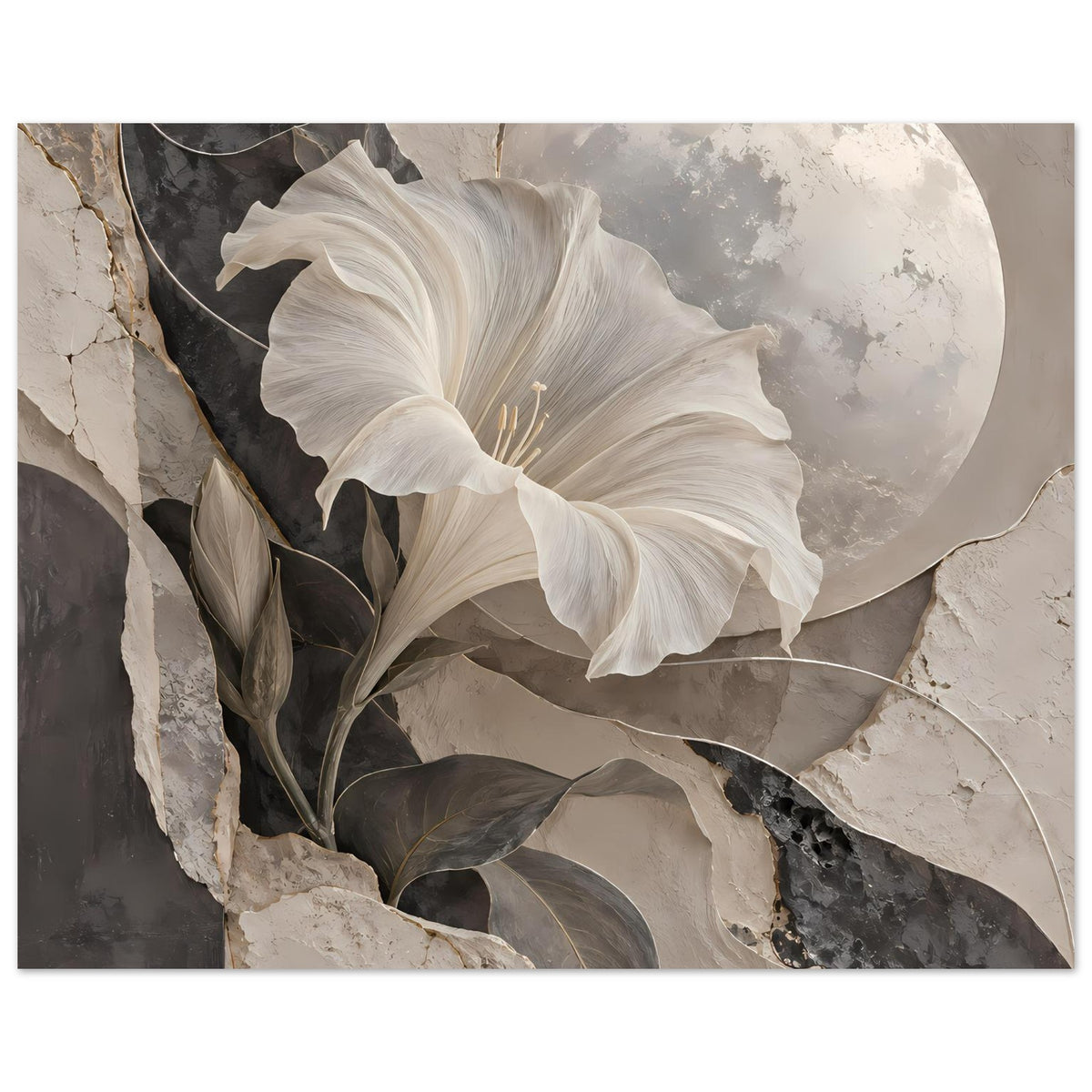 Horizontales Kunstposter: weiße Blüte mit Halbmondkreis, dunkles Laub und goldene Linien