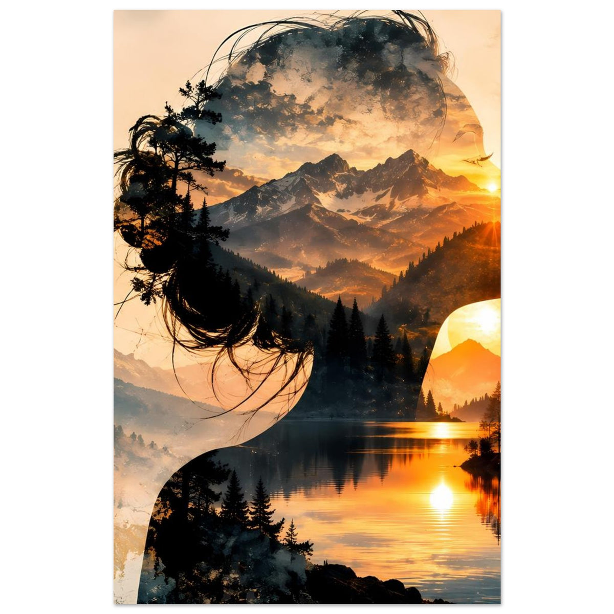 Doppelbelichtungs-Poster: Frauensilhouette über Bergsee bei Sonnenuntergang, Hochformat