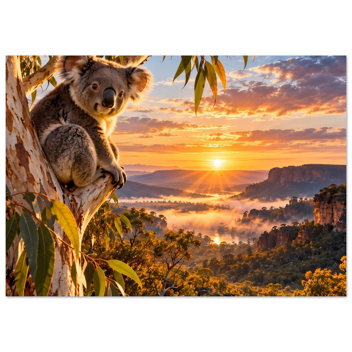 Koala-Sonnenuntergangs-Poster, breiter Ausschnitt mit Koala links und Himmel über Wäldern