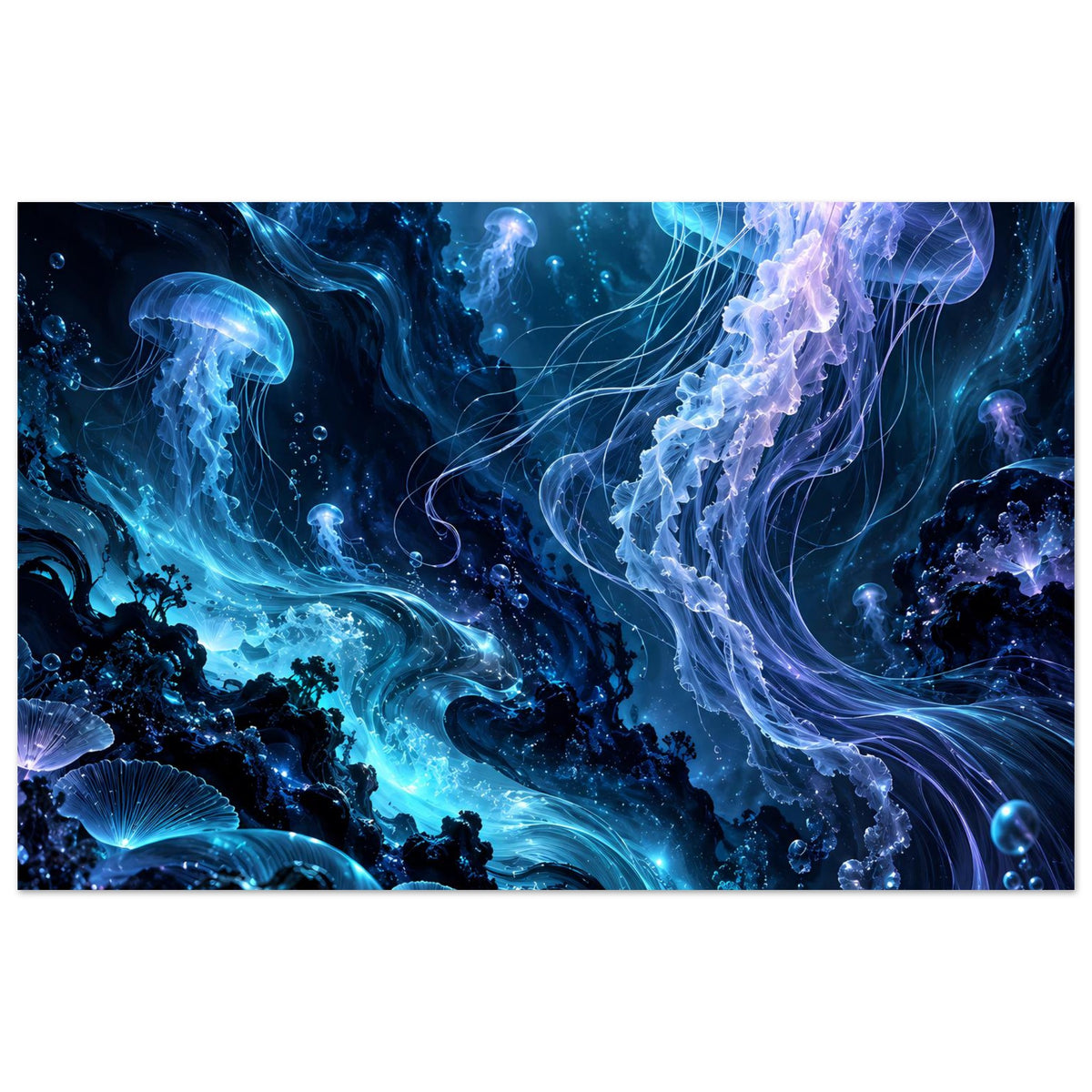 Horizontales Poster mit blauem Quallenmotiv im Meer, klar leuchtend, mit Blasen