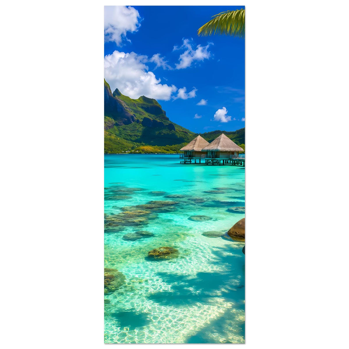 Strandposter im Hochformat mit türkisfarbenem Meer und Wasserbungalows
