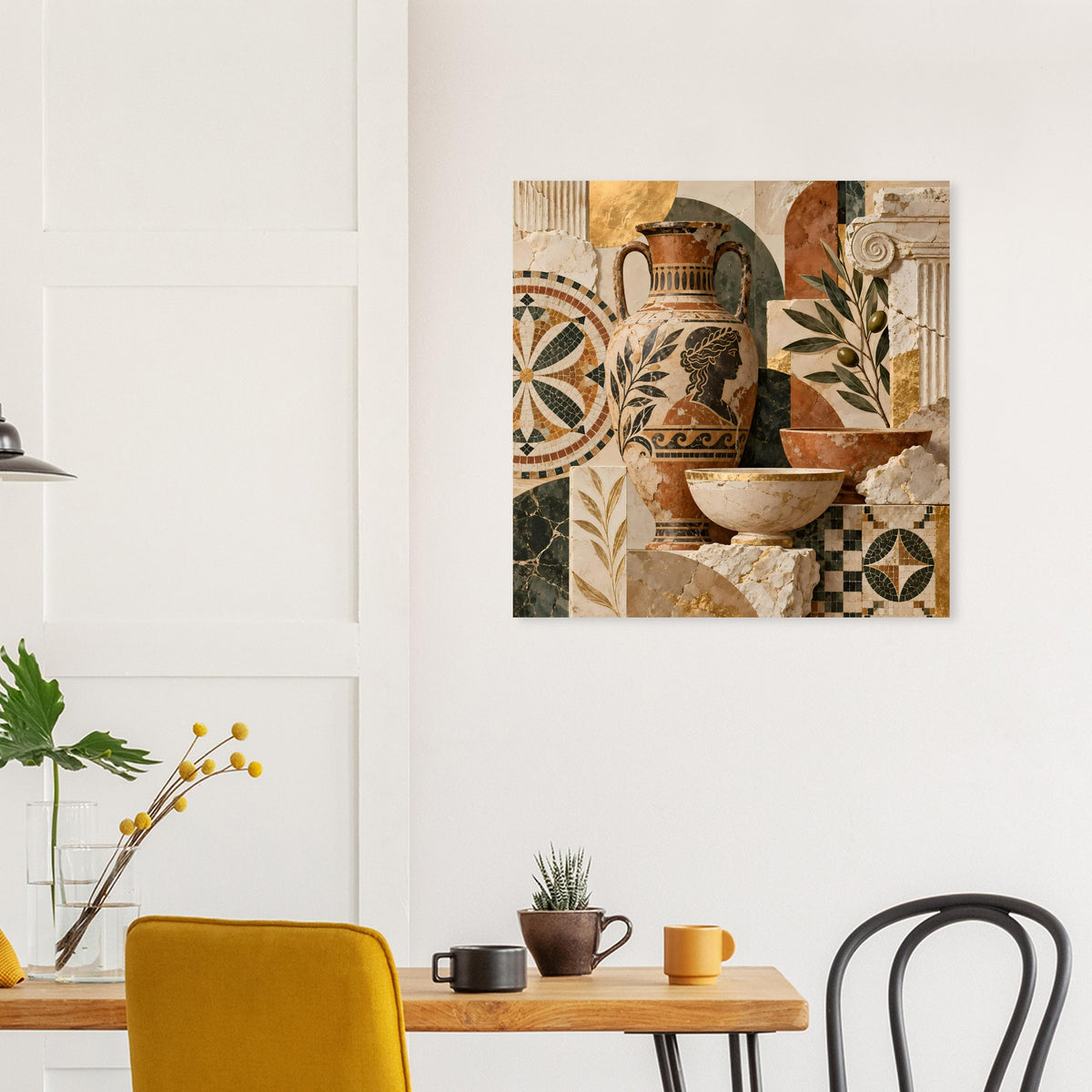 Quadratisches Poster mit Mosaik aus Töpfen, Schalen und floralen Elementen