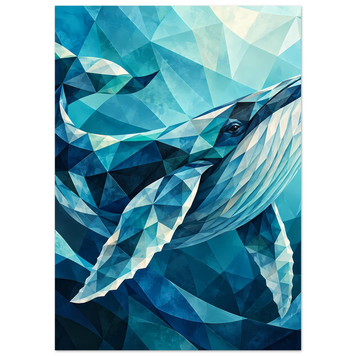 Geometrisches Blauwal-Poster im Hochformat, stilisierte Walform mit geometrischen Kanten