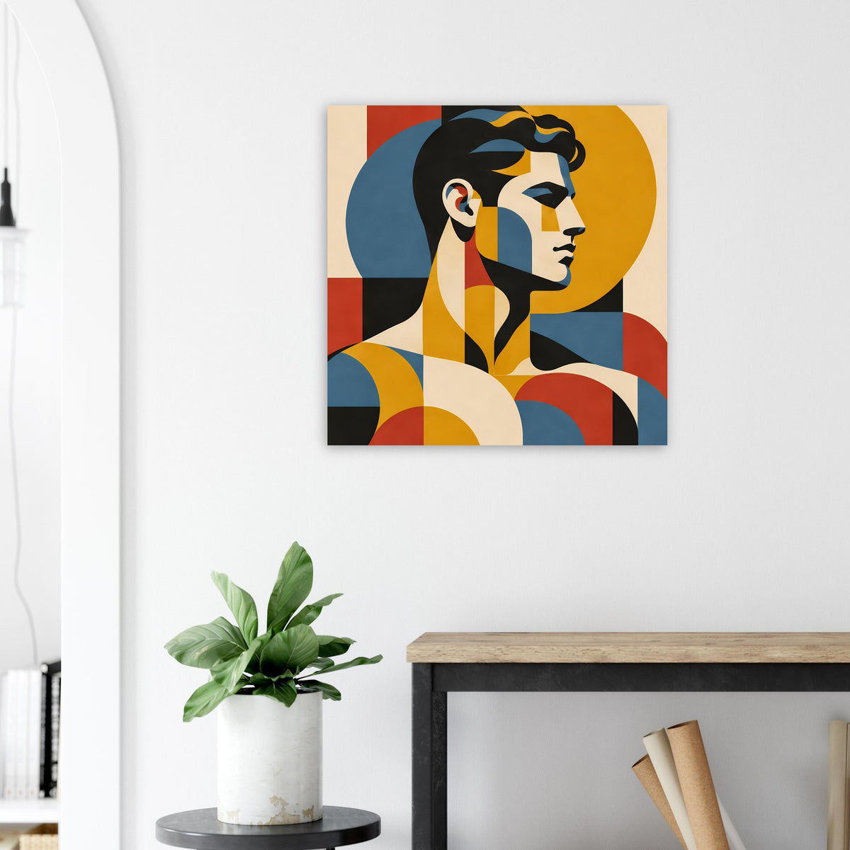 Quadratisches Porträtposter im Rahmen mit geometrischer Gesichtsillustration in warmen Tönen