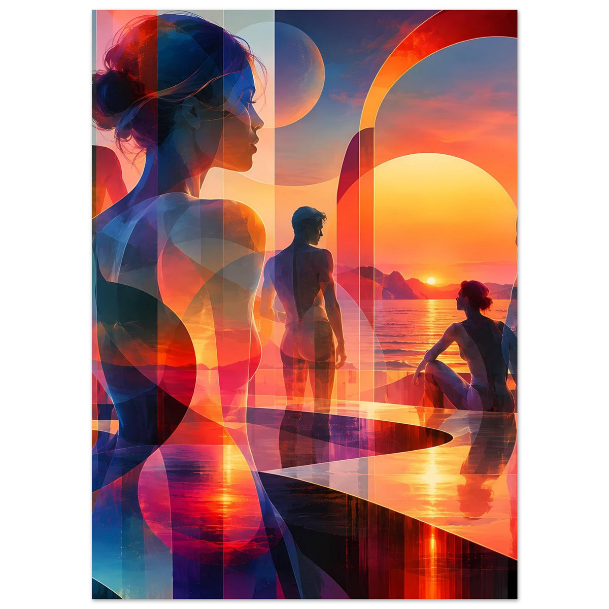 Kunstposter im Hochformat mit Frauenprofil links, stehenden Figuren mittig und rotem Bogen