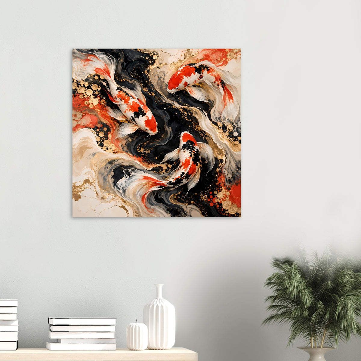 Kleines Kunstposter mit Koi-Fischen in Rot-Schwarz-Weiß, goldene Sprenkel und Farbwirbel