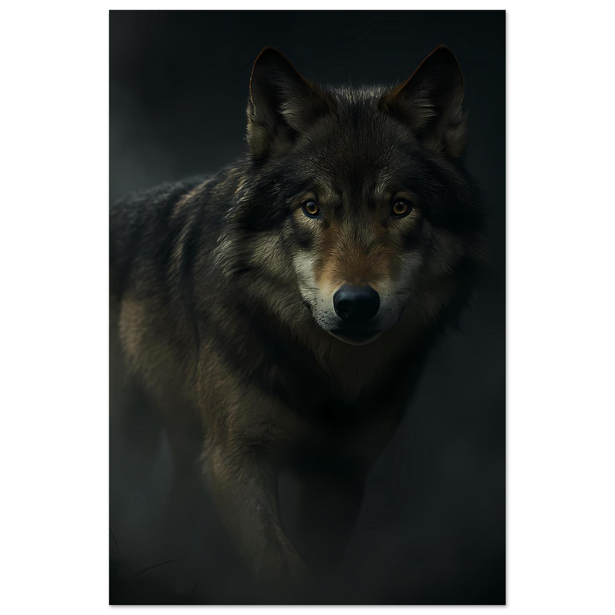 Wolfsposter mit grauem Wolf im Portrait, Blick nach vorn, vertikal