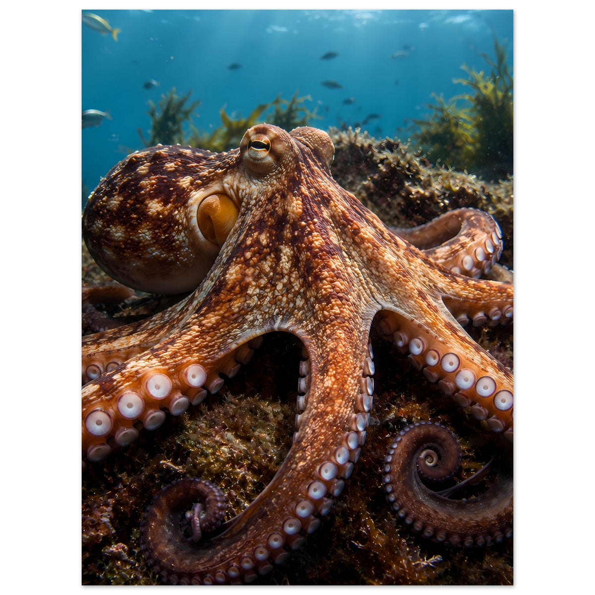Kunstdruck: Oktopus mit markantem Kopf und langen Armen, Saugnäpfe deutlich sichtbar