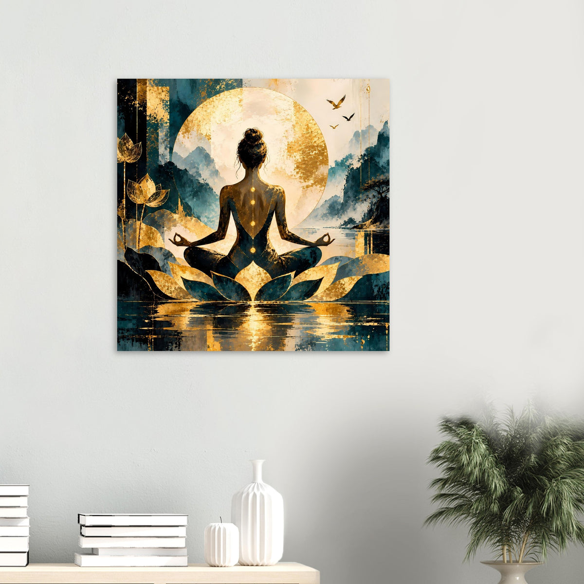 Poster mit meditierender Frauen-Silhouette, goldene Scheibe, Lotusblume und Wasserreflexion