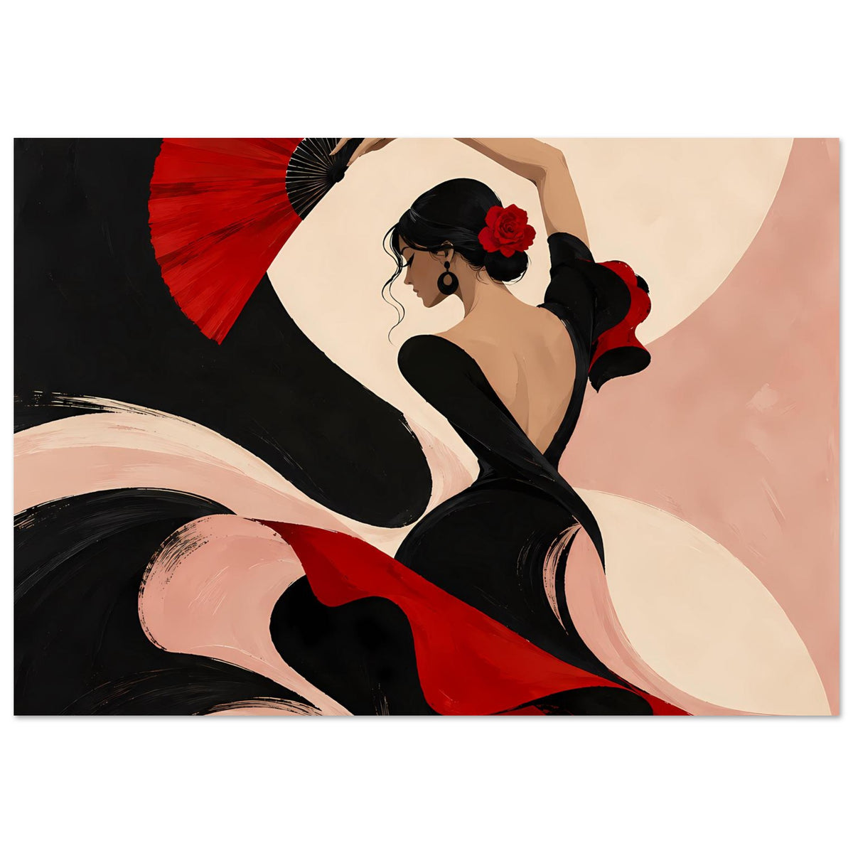 Poster mit Flamenco-Tänzerin in Schwarz und Rot, roter Fächer, dynamische Linien