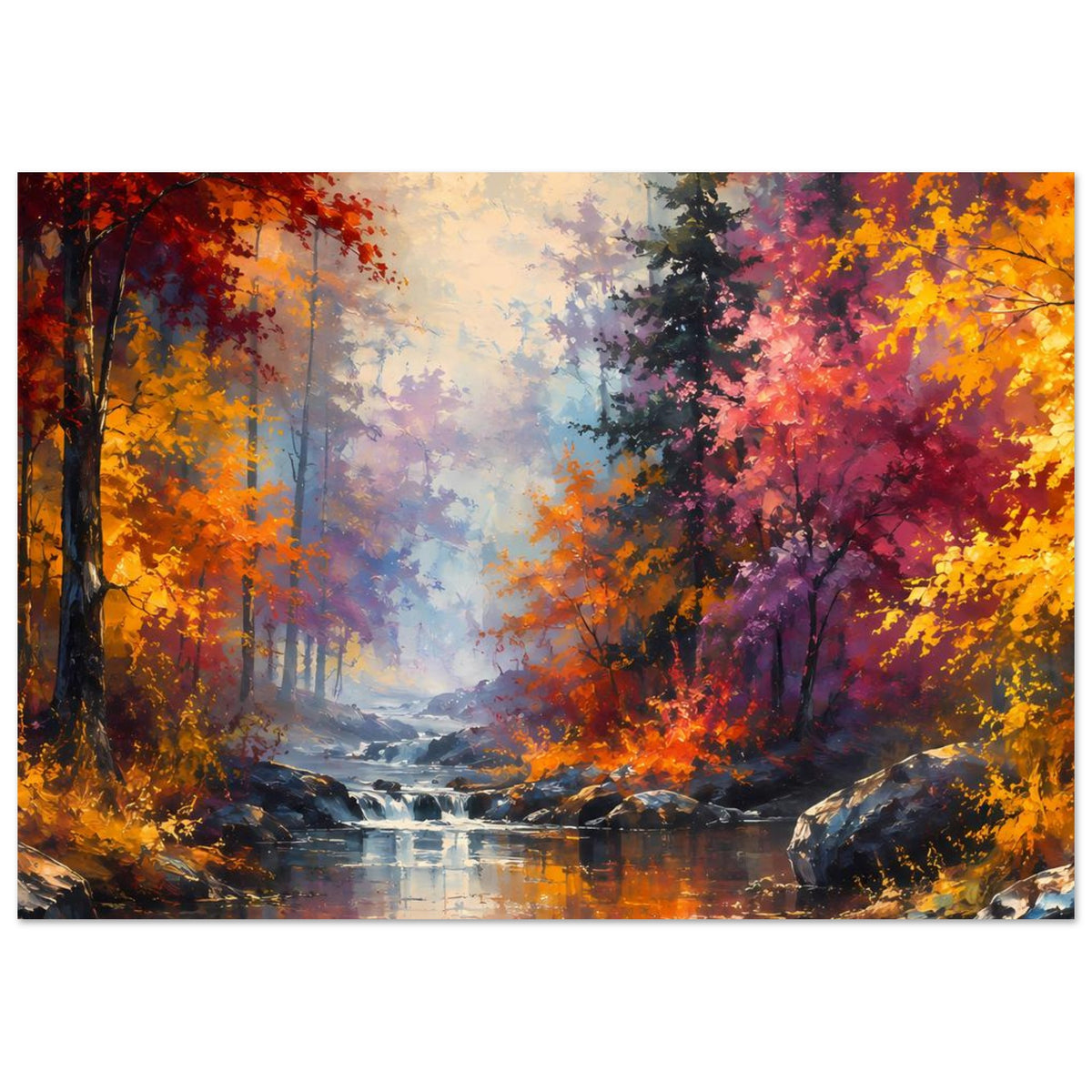 Herbstwald-Panorama-Poster mit Fluss, Wasserfall im Hintergrund und buntem Laub, Breitformat