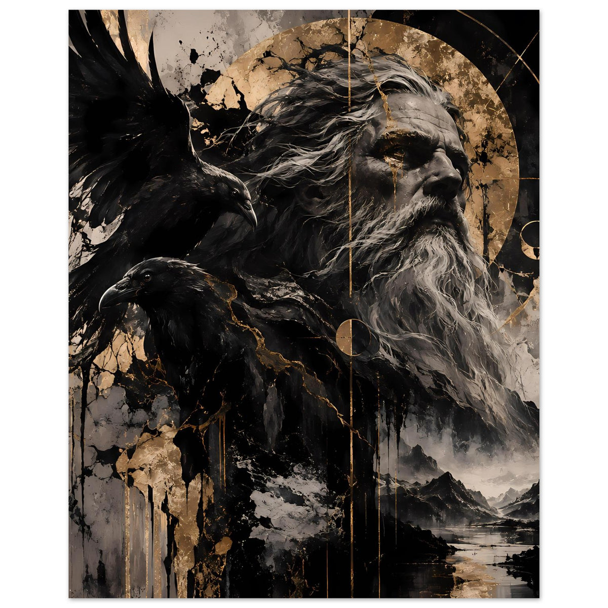 Poster im Hochformat mit nordischem Gott und Raben, schwarz-grau, goldene Kreiselemente