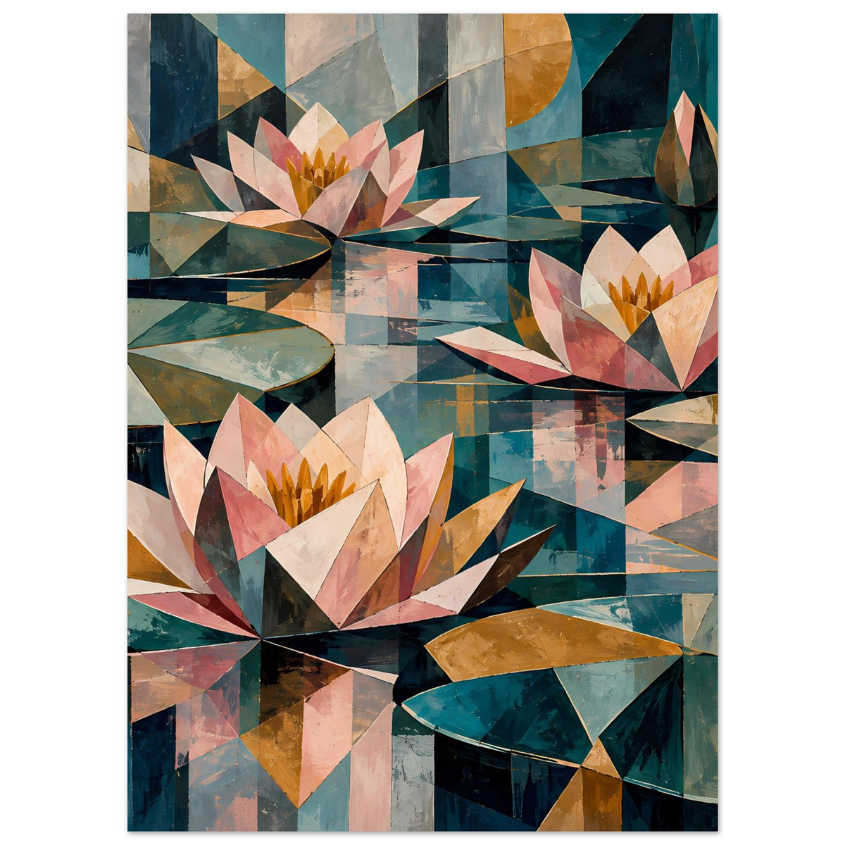 Blumenposter mit Seerosen in Pastell- und Petroltönen, abstrakt mit grafischen Streifen