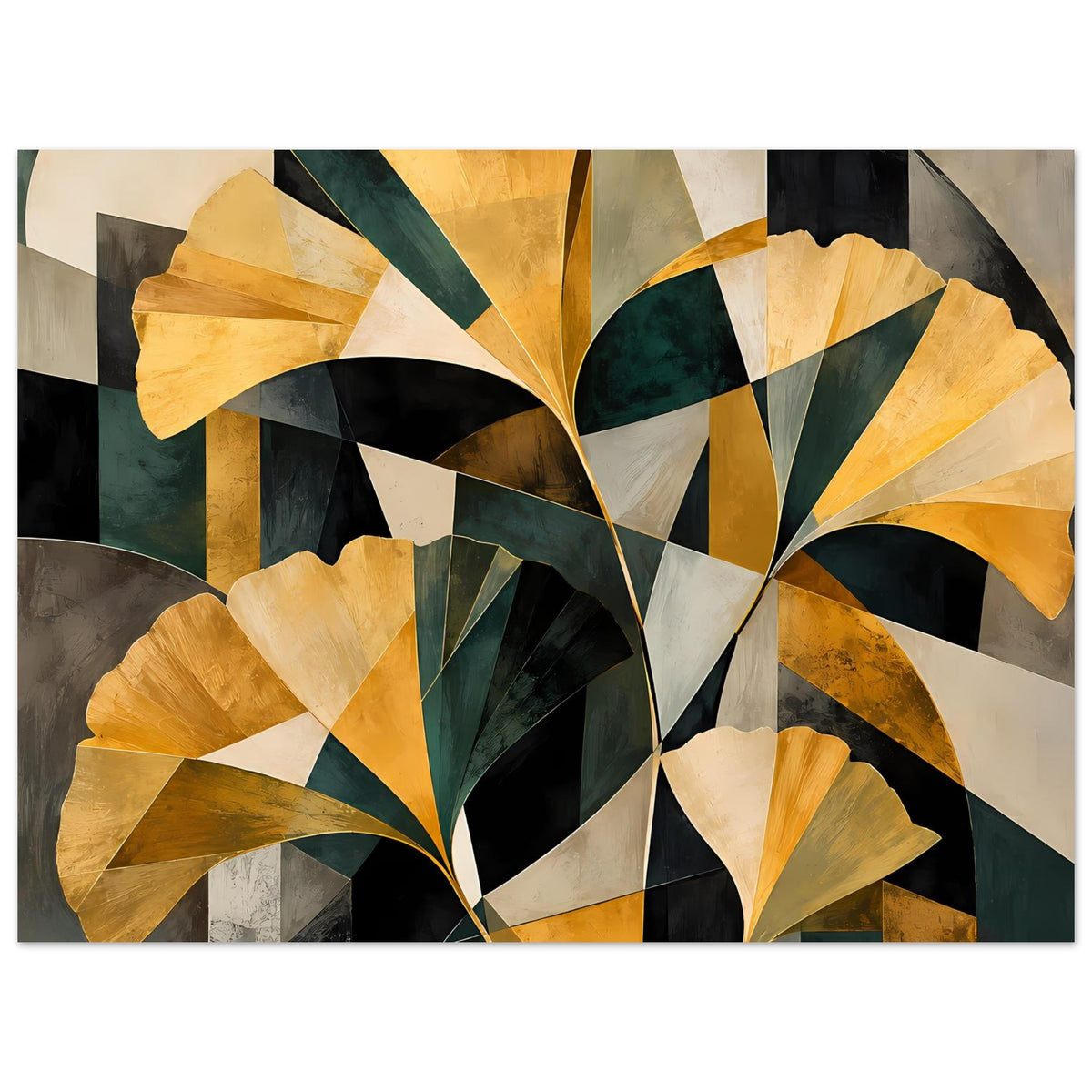 Abstraktes Floral-Poster im Querformat mit goldenen Blütenformen und dunklen Grünflächen