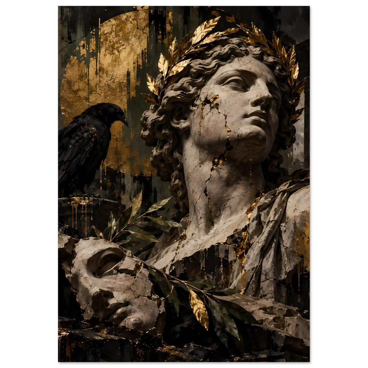 Barockes Poster: Statue mit Lorbeerkranz und goldenen Akzenten, schwarzer Vogel