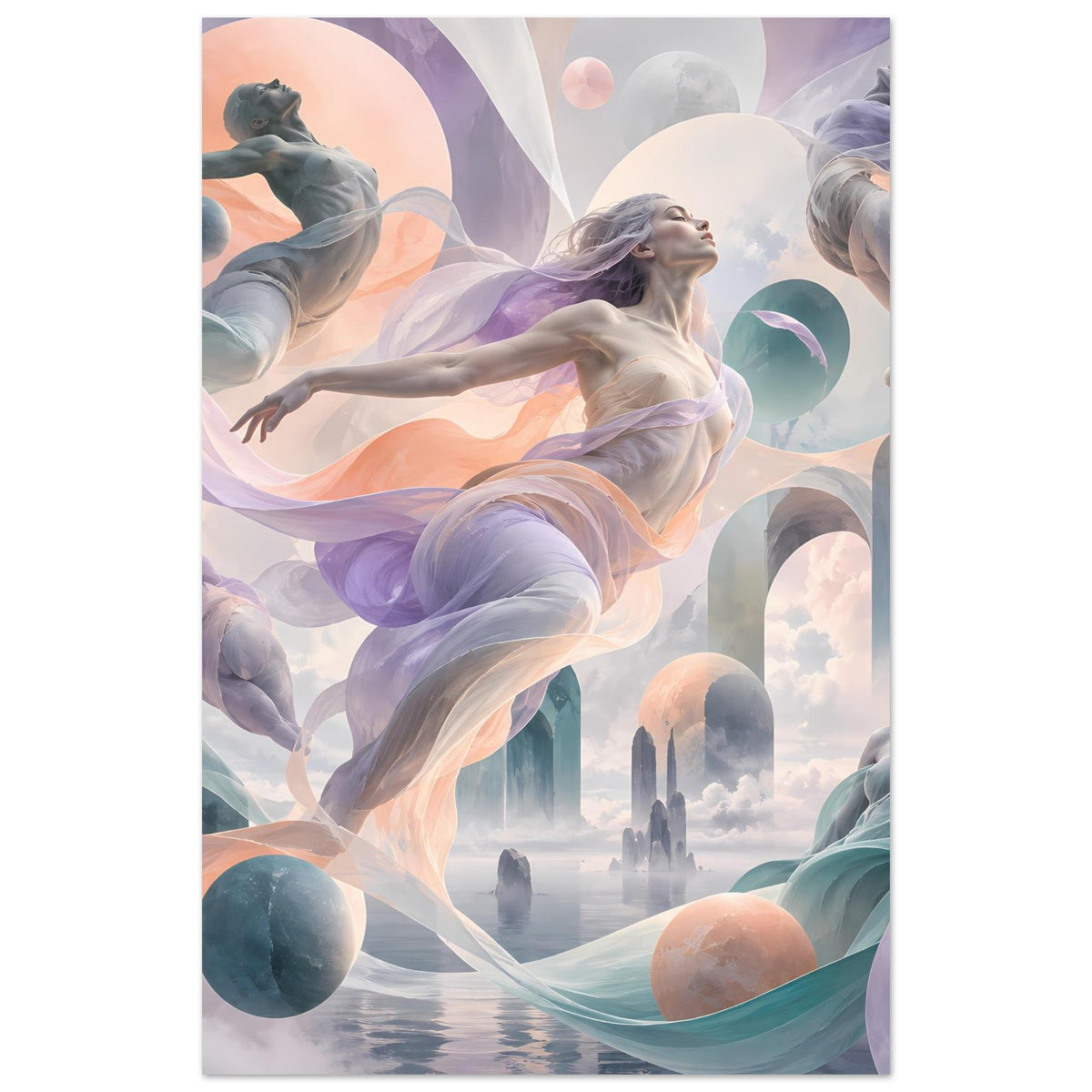 Hochkant-Poster mit tanzender Frau im Pastellnebel und schwebenden Kugeln